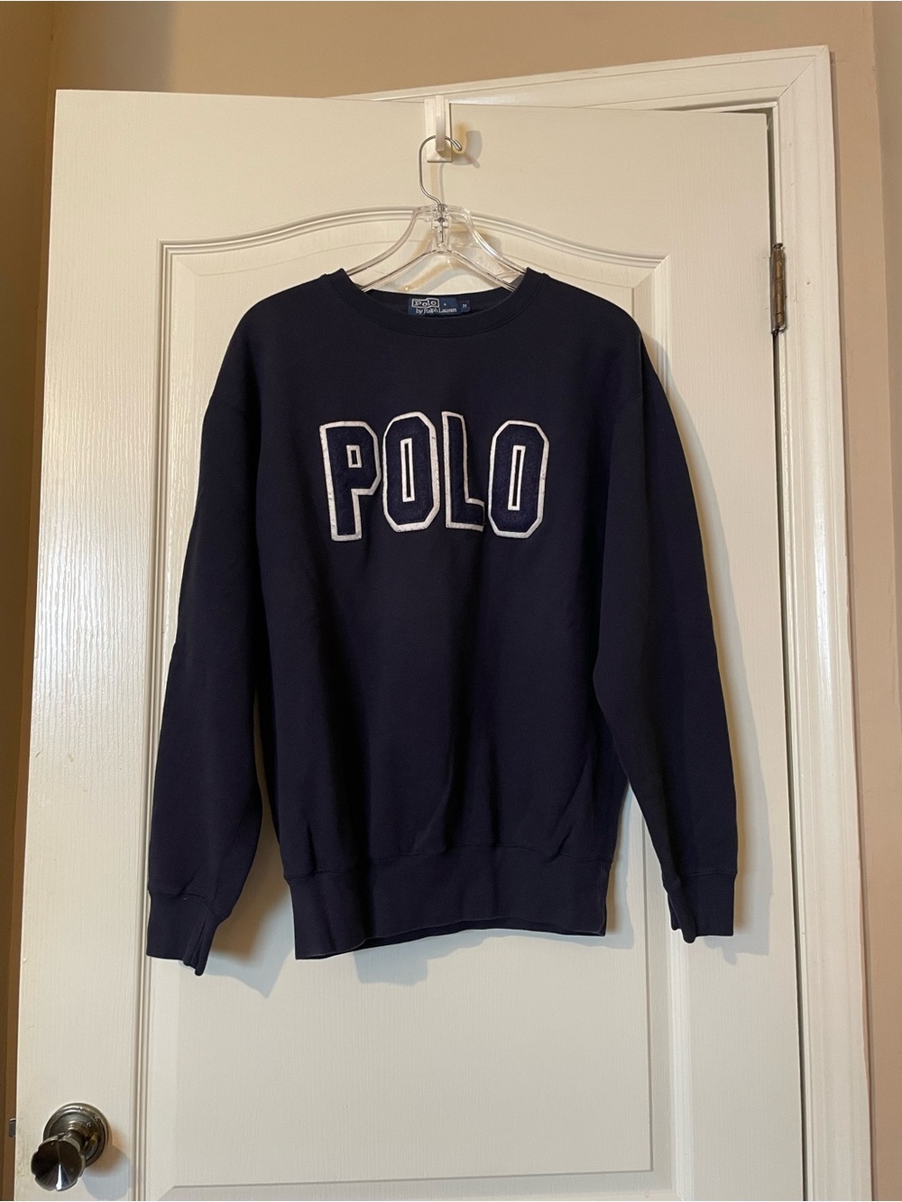 VTG  Polo Ralph Lauren Mens Size M Crewneck Sweatshirt Navy Blue POLO Spell Out - Picture 2 of 10